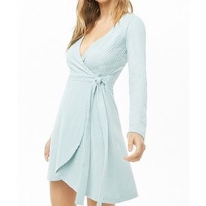 Blue Ribbed Wrap Dress